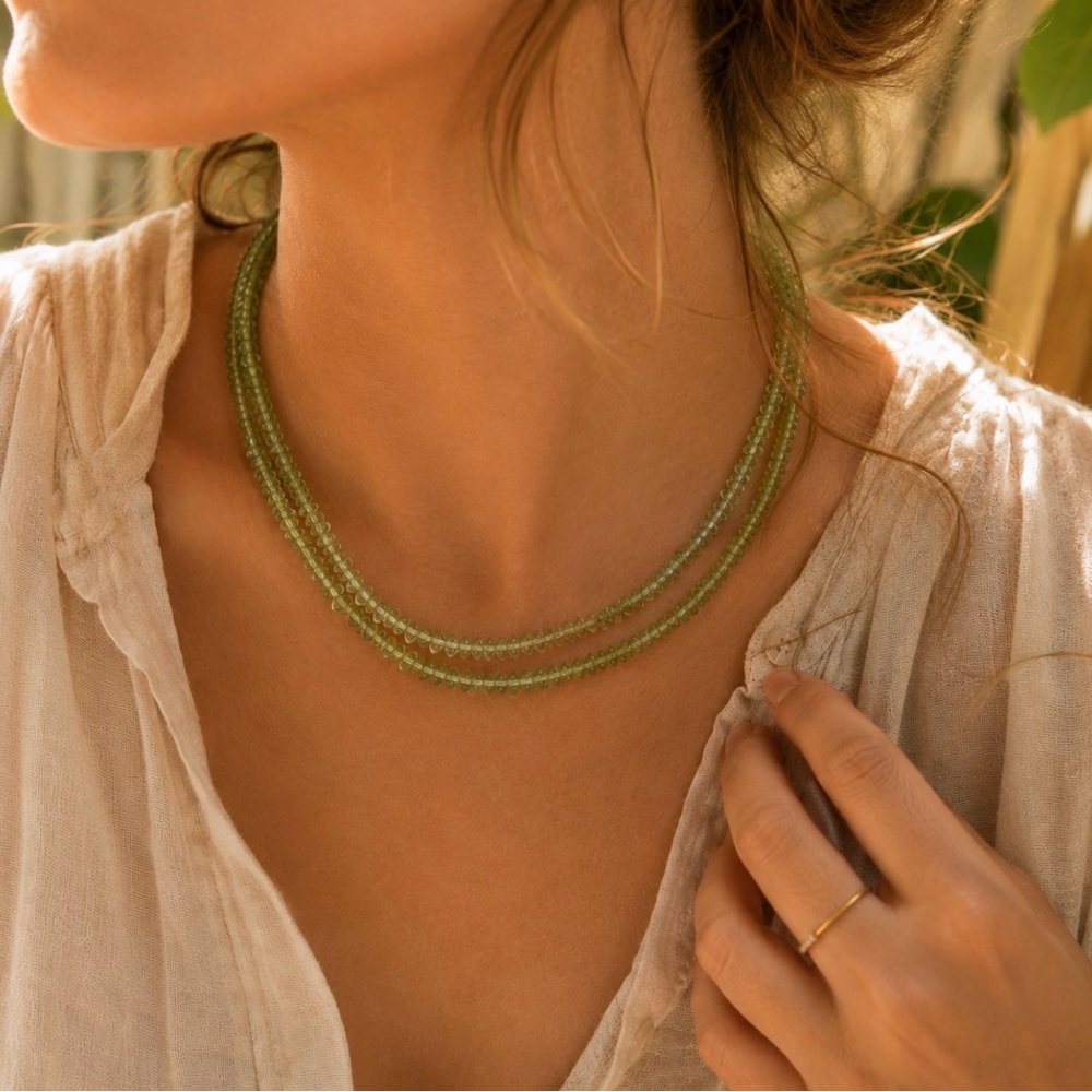 Vintage Green Glass Chip Bead Necklace 18” + Extender Artisan Boho